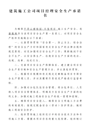 2025年建筑施工企业项目经理施工项目安全生产承诺书