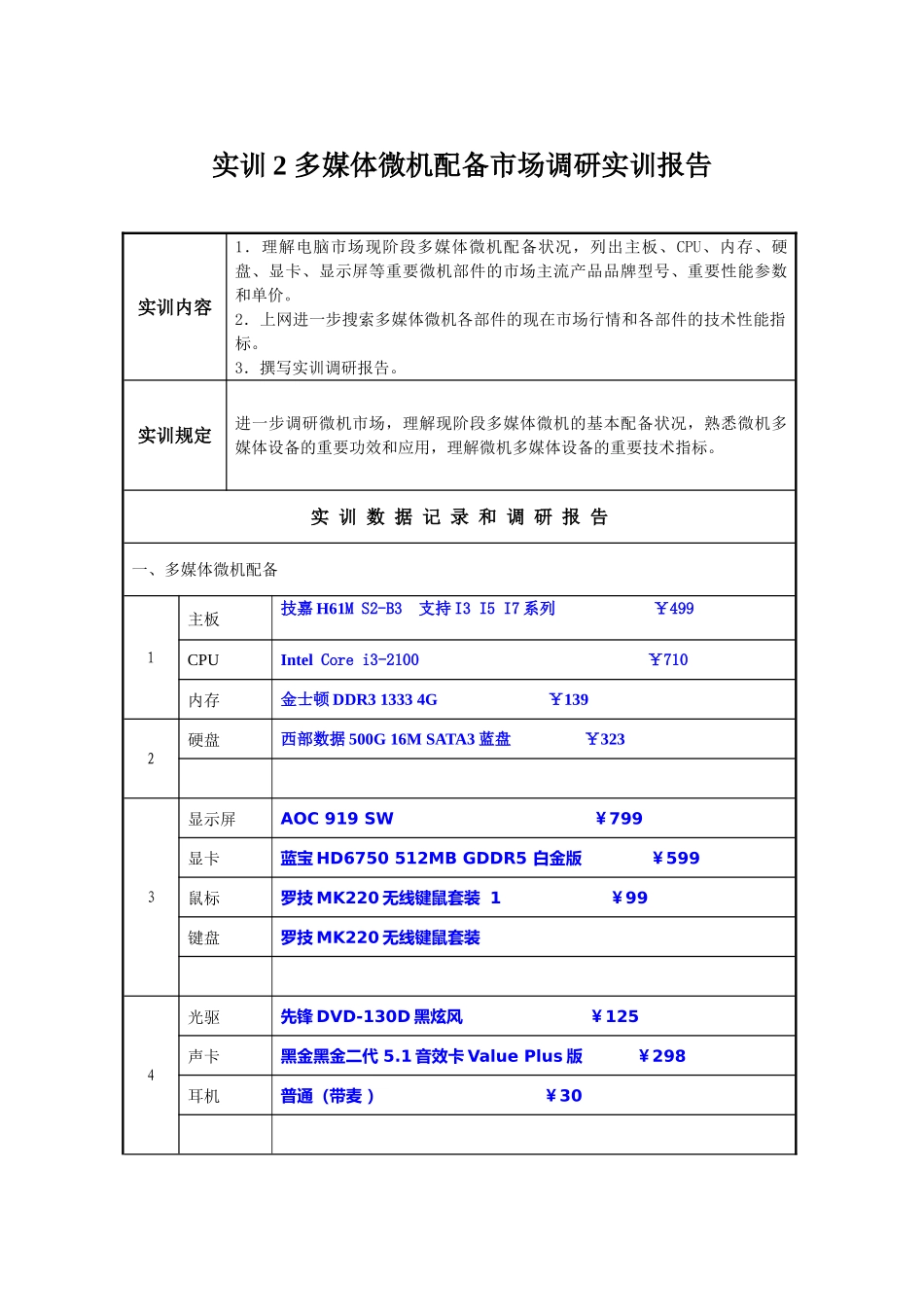 2025年实训2 多媒体微机配置市场调研实训报告_第1页
