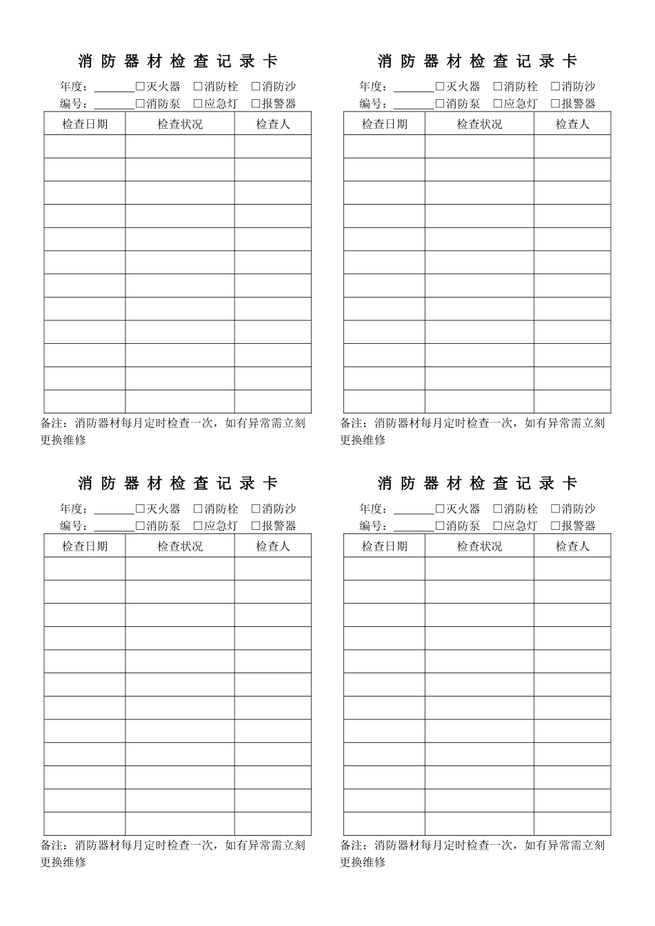 2025年消防器材检查记录卡_第1页