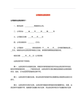 2025年公司股东出资证明书