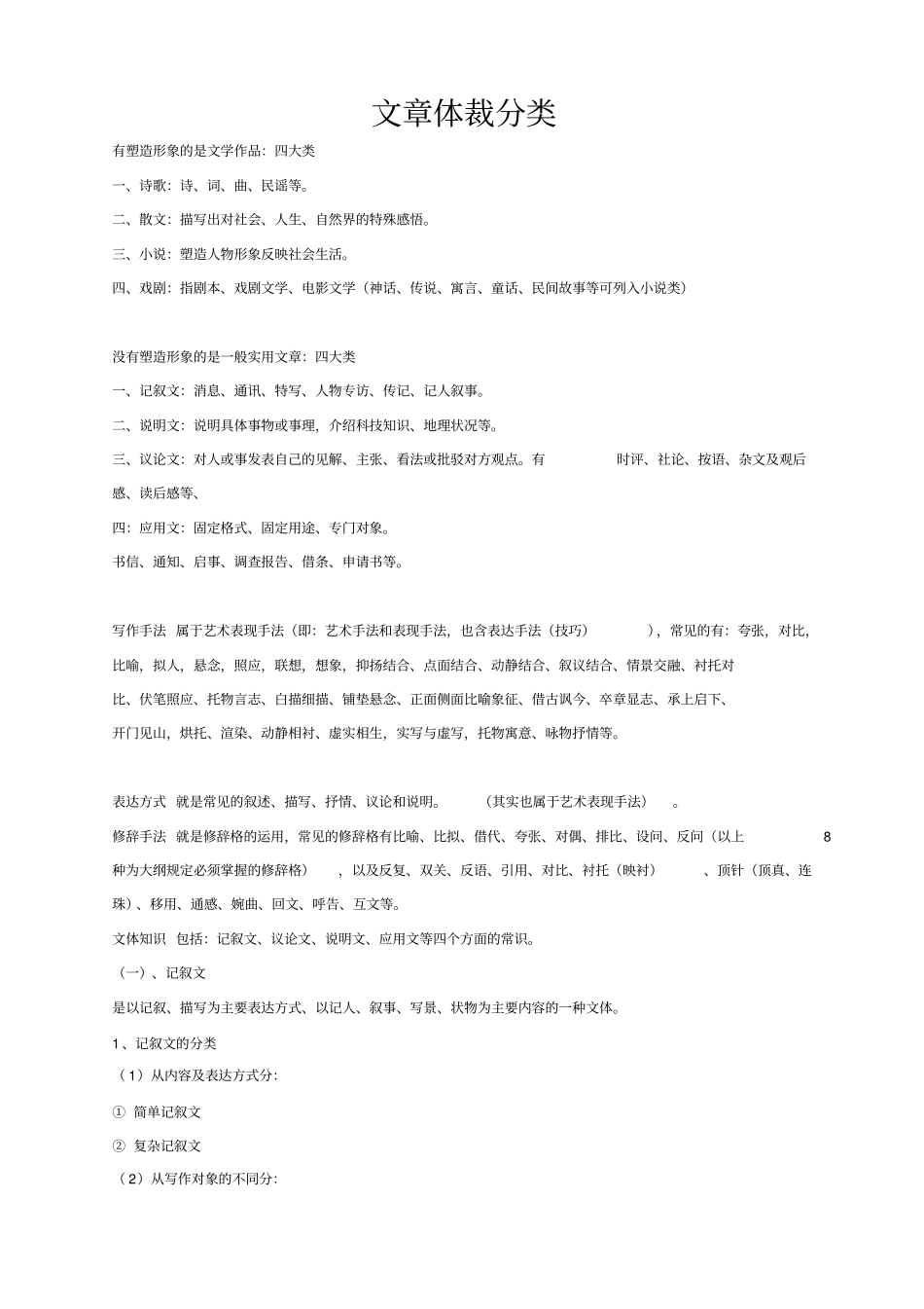文章体裁分类文体常识及写作手法搜集讲解_第1页