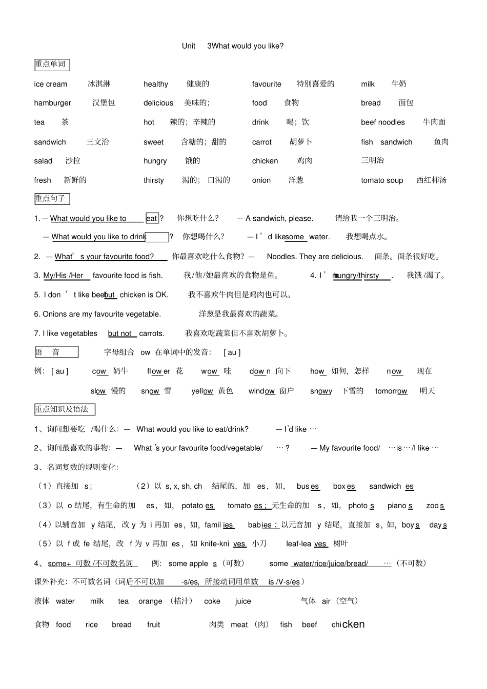 新人教版PEP五年级英语上册复习资料_第3页