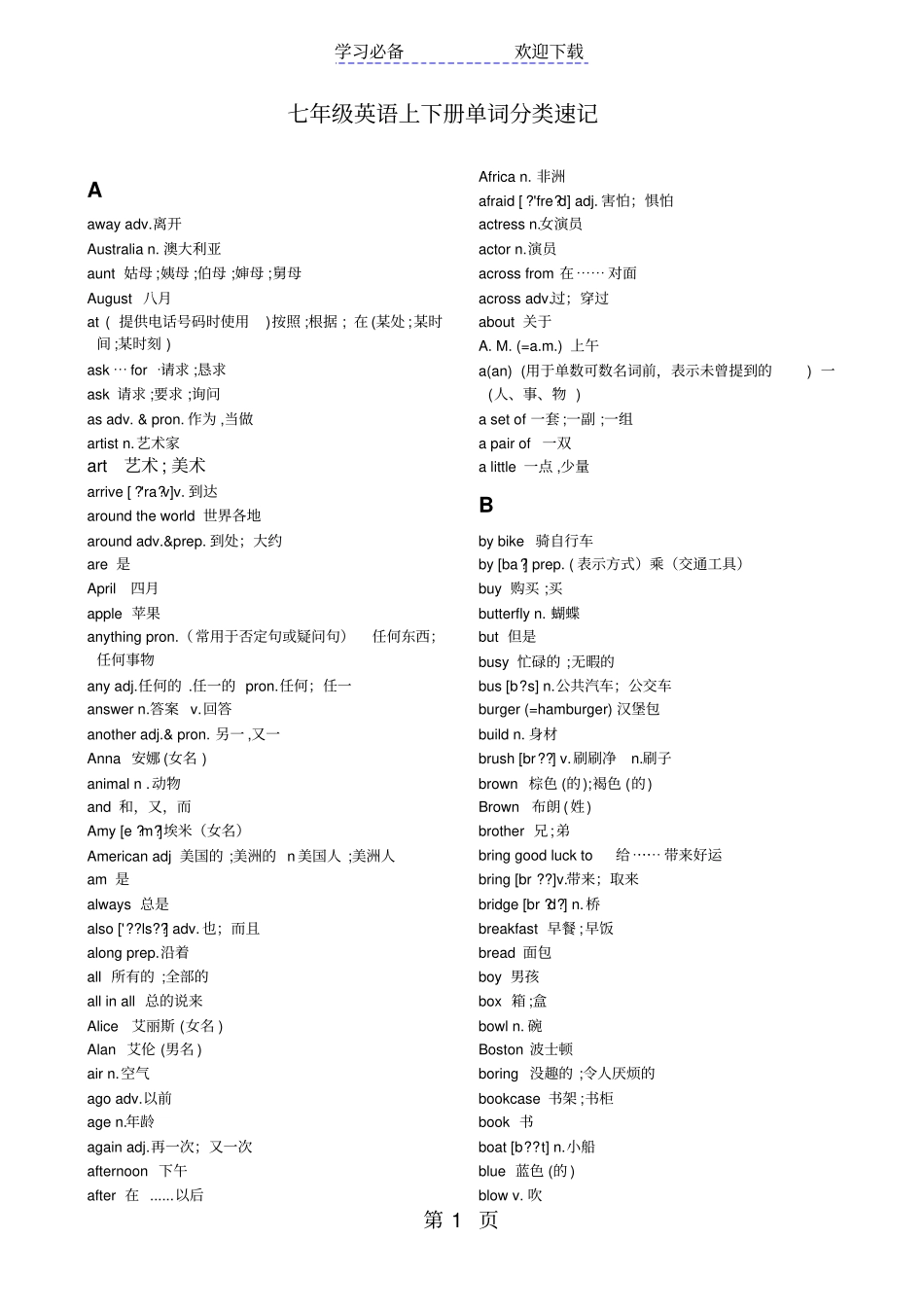 新人教版七年级英语上下册单词分类速记_第1页