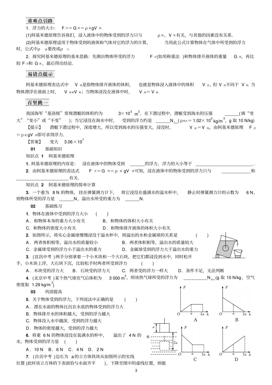 新人教版八年级物理下册难点易错点及章测试题讲解_第3页
