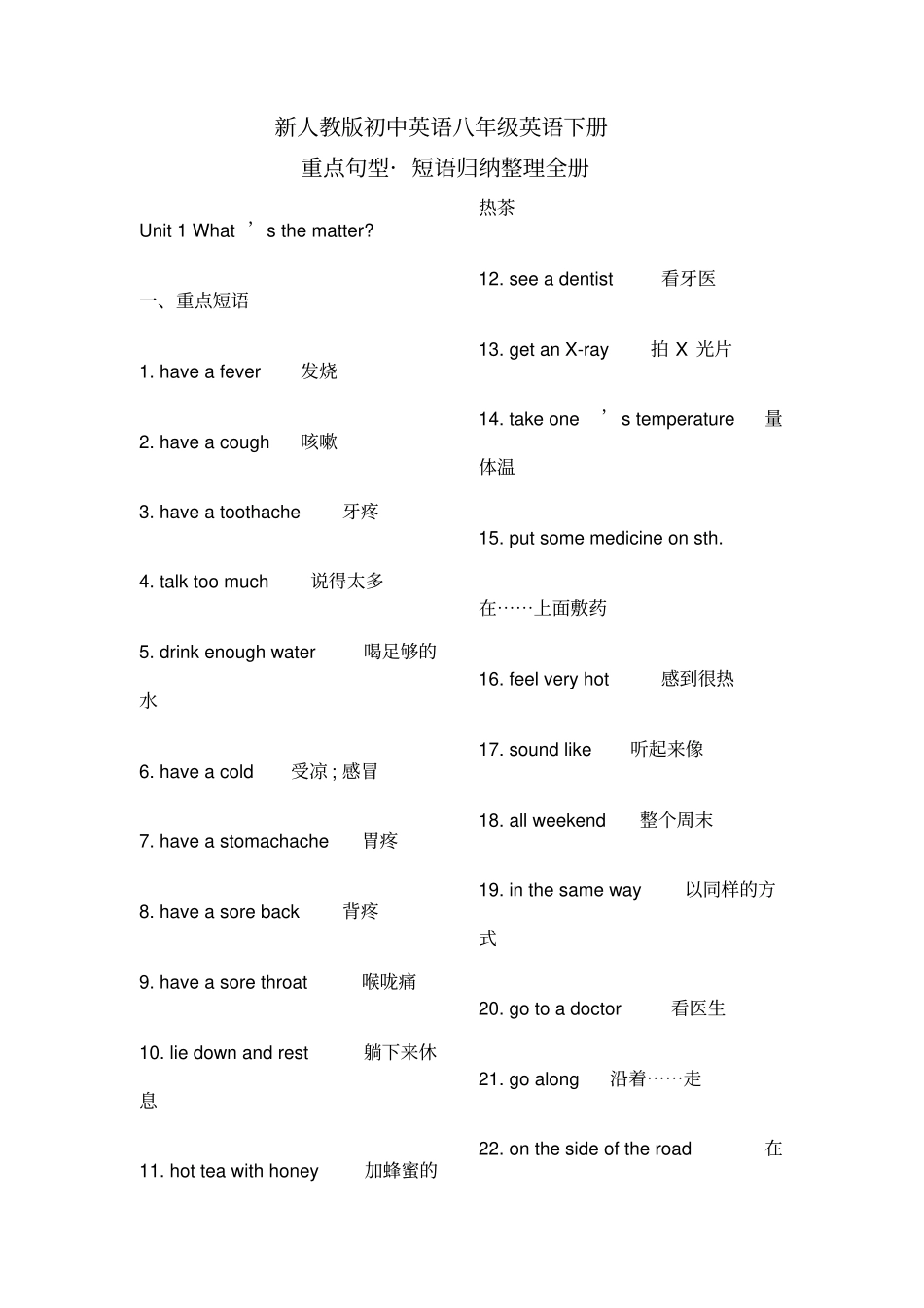 新人教版初中英语八年级英语下册重点句型短语归纳全册_第1页