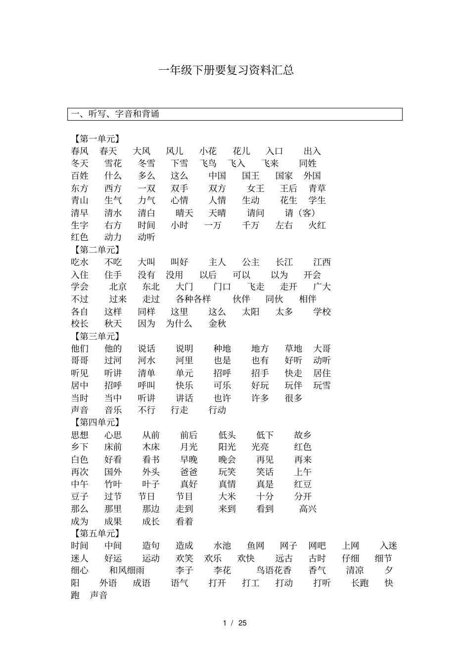 新人教版部编版一年级下册语文复习资料汇总不需要写x_第1页