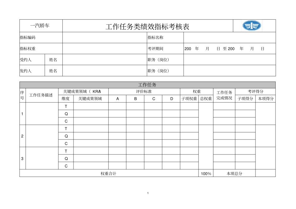 新全息-一汽轿车—工作任务类绩效指标考核表_第1页