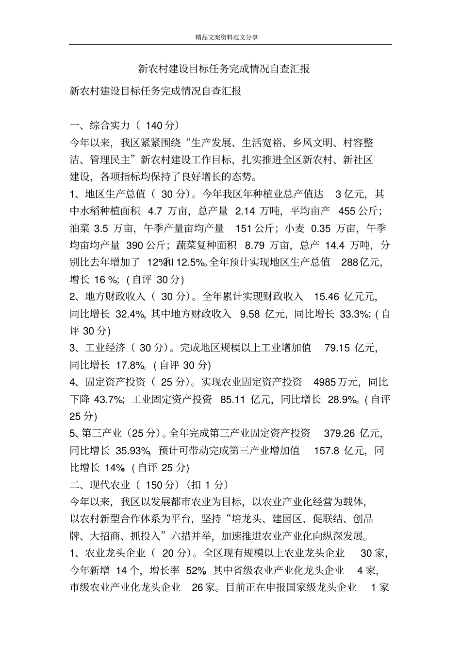 新农村建设目标任务完成情况自查汇报-精品文案范文_第1页