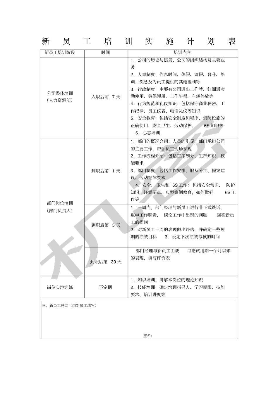 新员工培训实施计划表_第1页