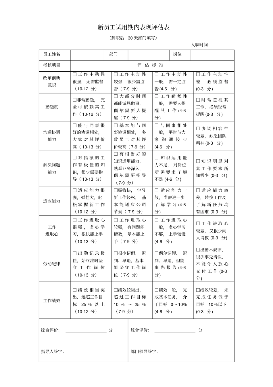 新员工试用期内表现评价表_第1页