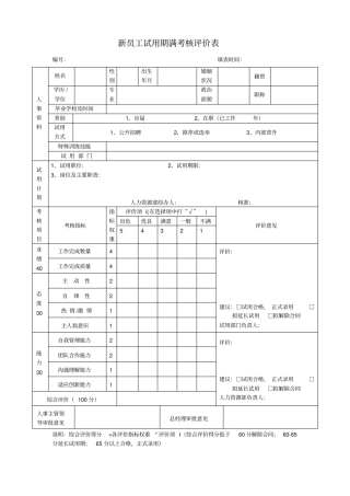 新员工试用期满考核评价表