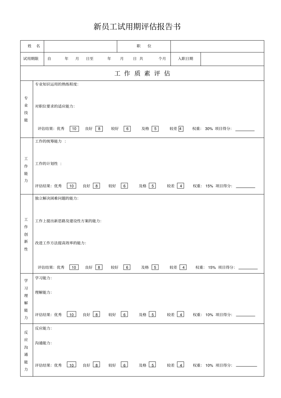 新员工试用期评价报告书模板A4大小打印_第1页