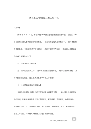 新员工试用期转正工作总结开头