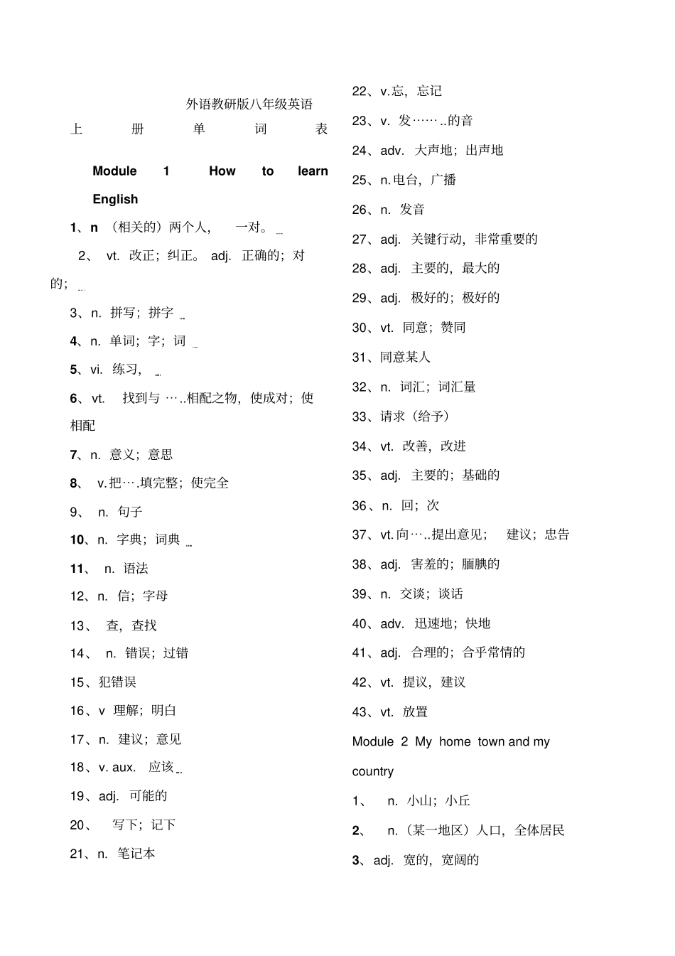 新外研版八年级英语上册单词表_第1页