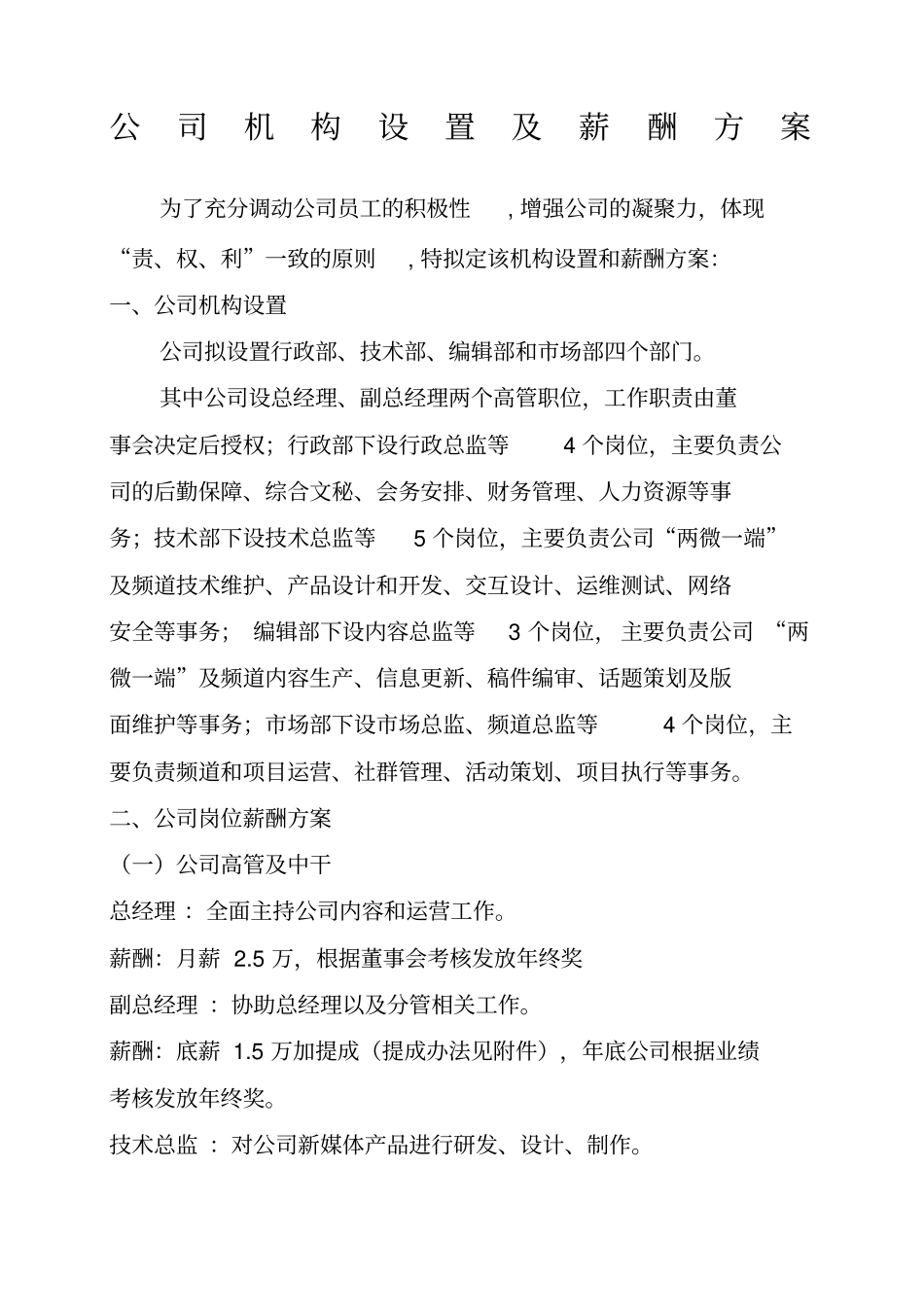新媒体公司机构设置薪酬方案及激励机制_第1页