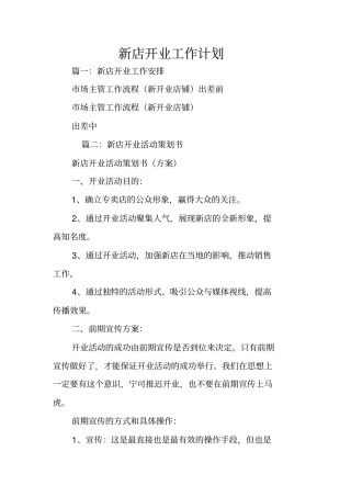 新店开业工作计划