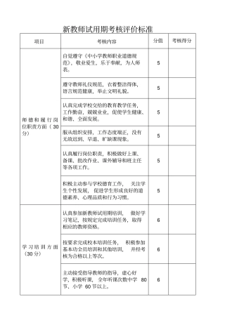新教师试用期考核评价标准模板A4大小打印