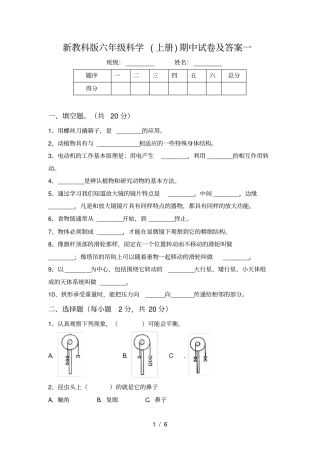 新教科版六年级科学上册期中试卷及答案一