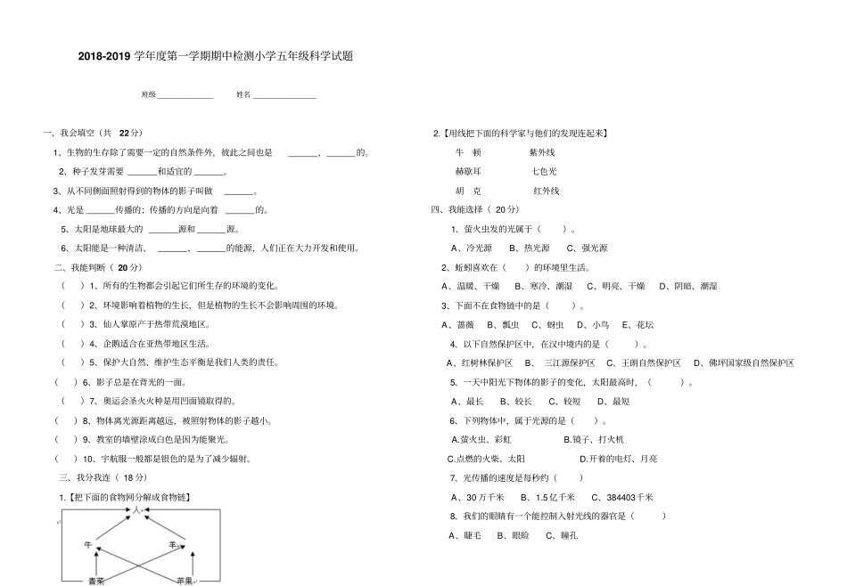 新教科版科学五年级上学期期中试卷_第1页