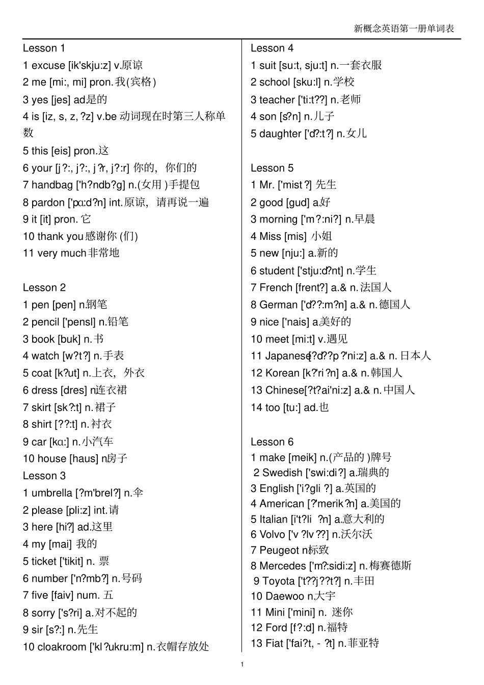 新概念英语第一册单词精美打印版_第1页