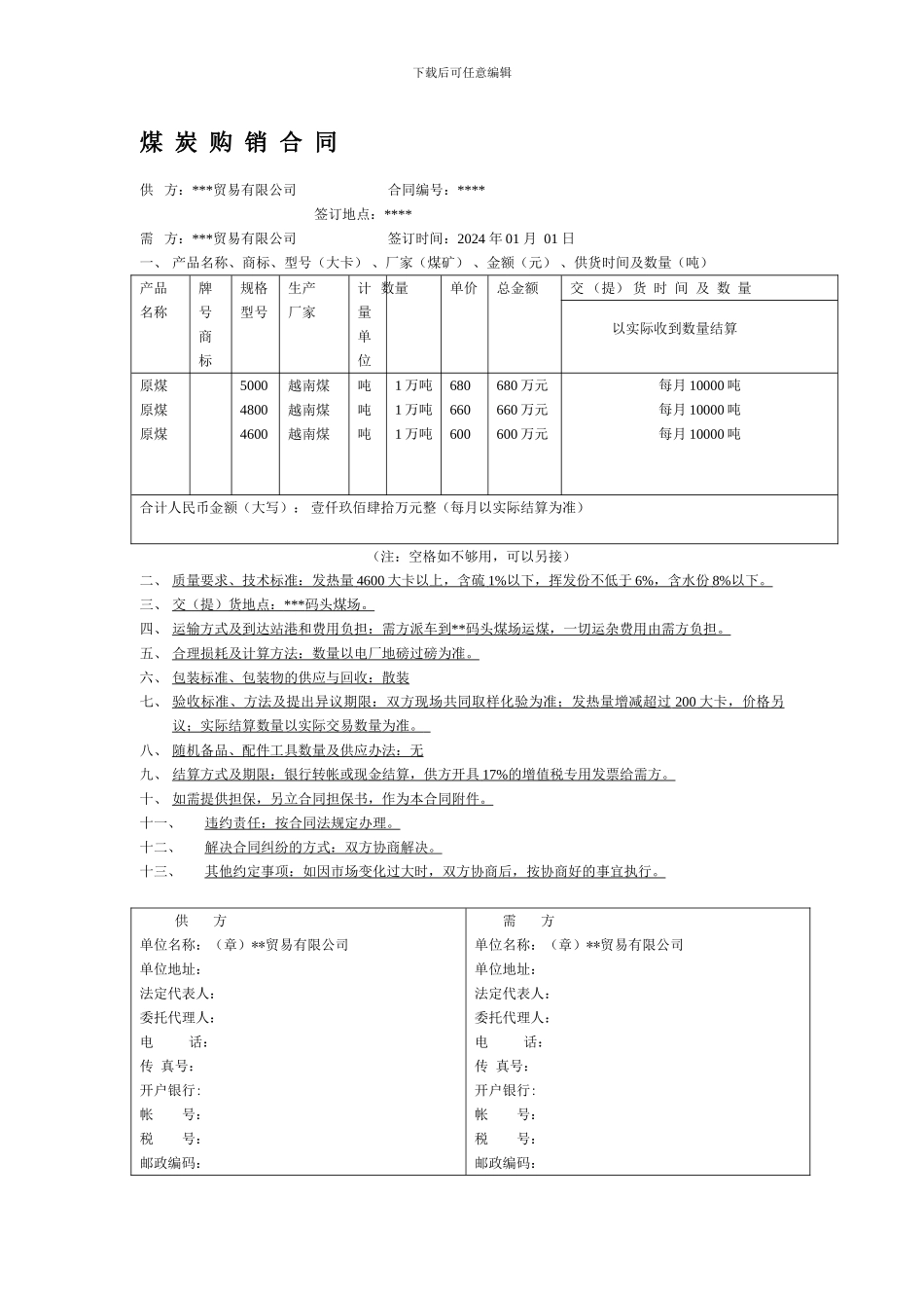 煤炭购销合同(通用简易版)_第1页