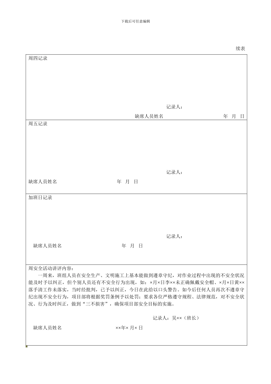 班前安全活动及周讲评记录表._第2页