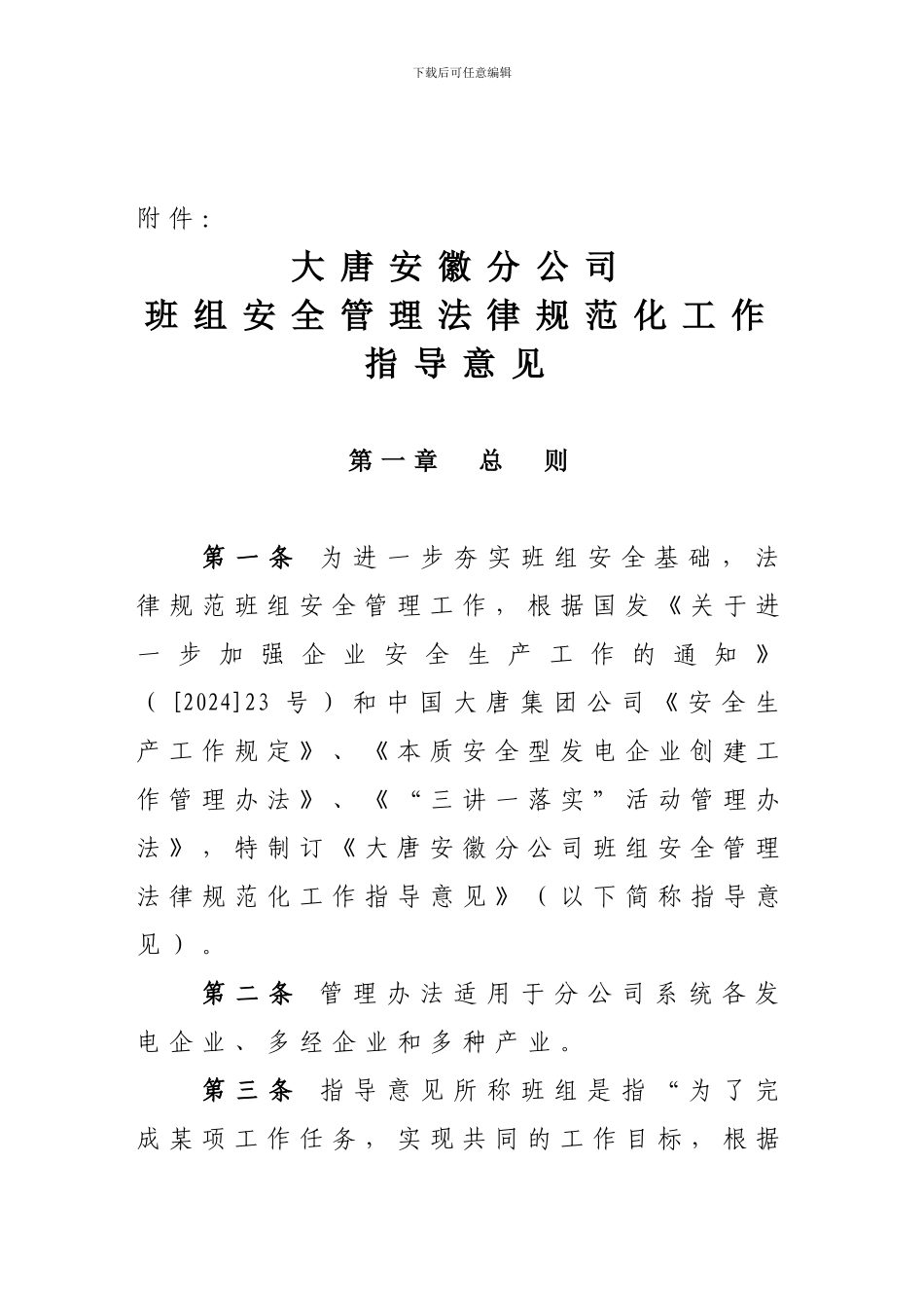 班组安全管理规范化工作指导意见._第1页