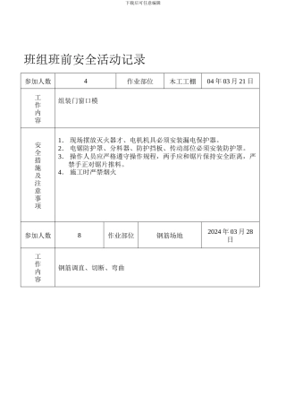 班组班前安全活动记录木工