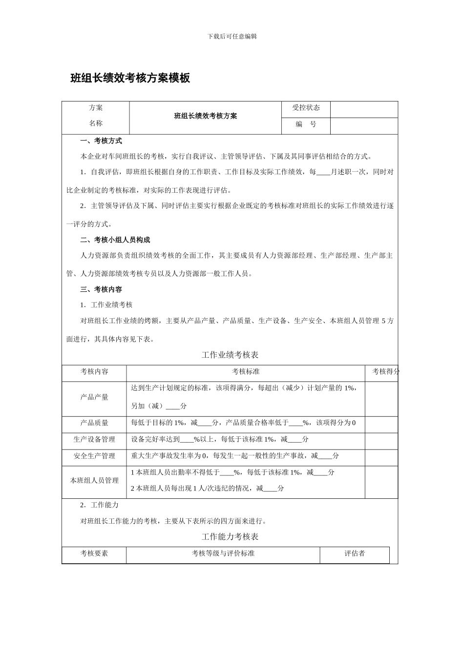 班组长绩效考核方案模板_第1页
