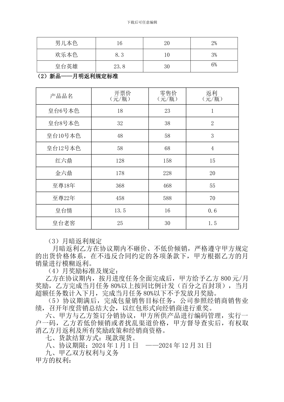 甘肃日新皇台酒销售有限公司产品经销协议书(农网2024)_第2页