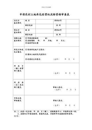 申请农村土地承包经营权流转资格审查表