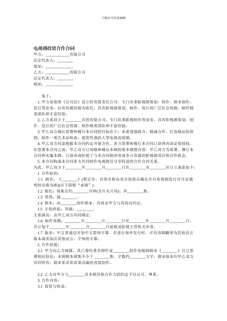 电视剧投资合作合同-范本_第1页