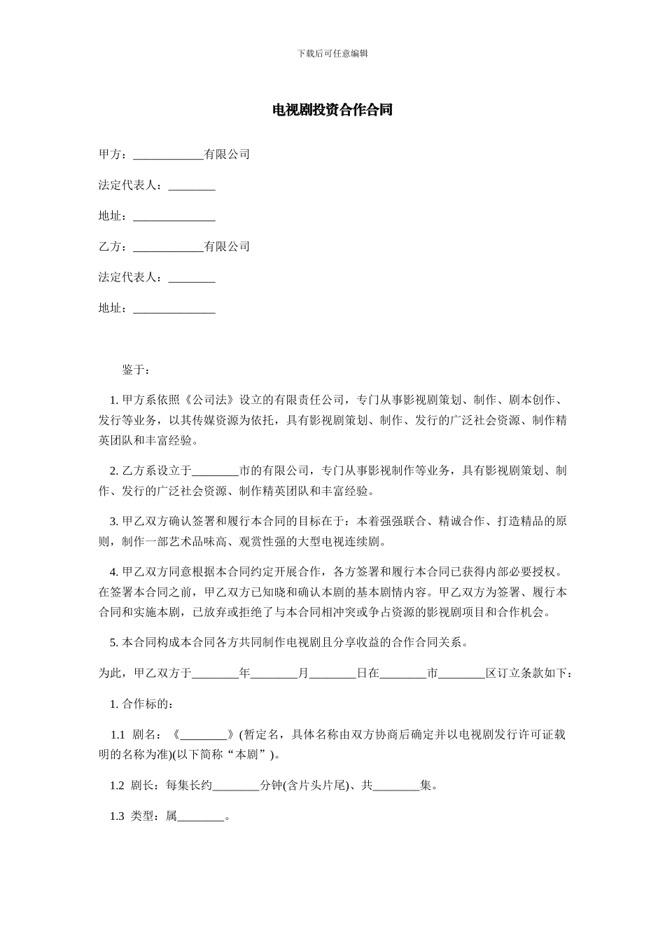 电视剧投资合作合同-范本_第1页