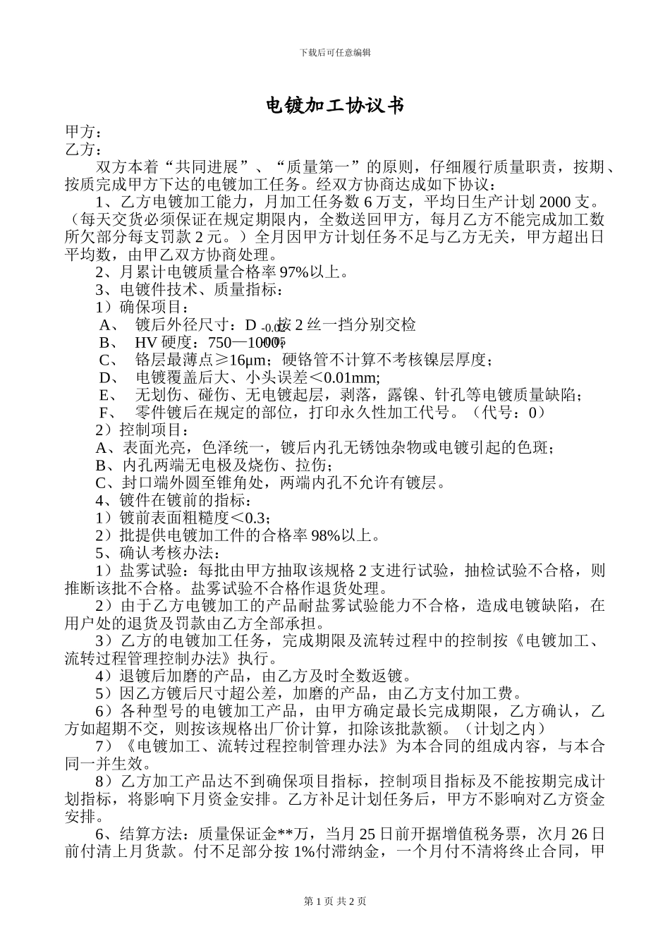 电镀加工协议书_第1页
