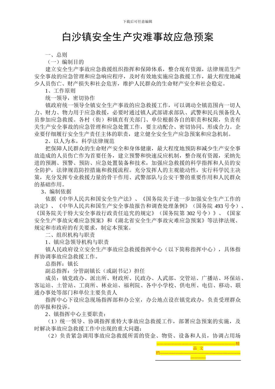 白沙镇安全生产灾难事故应急预案_第1页