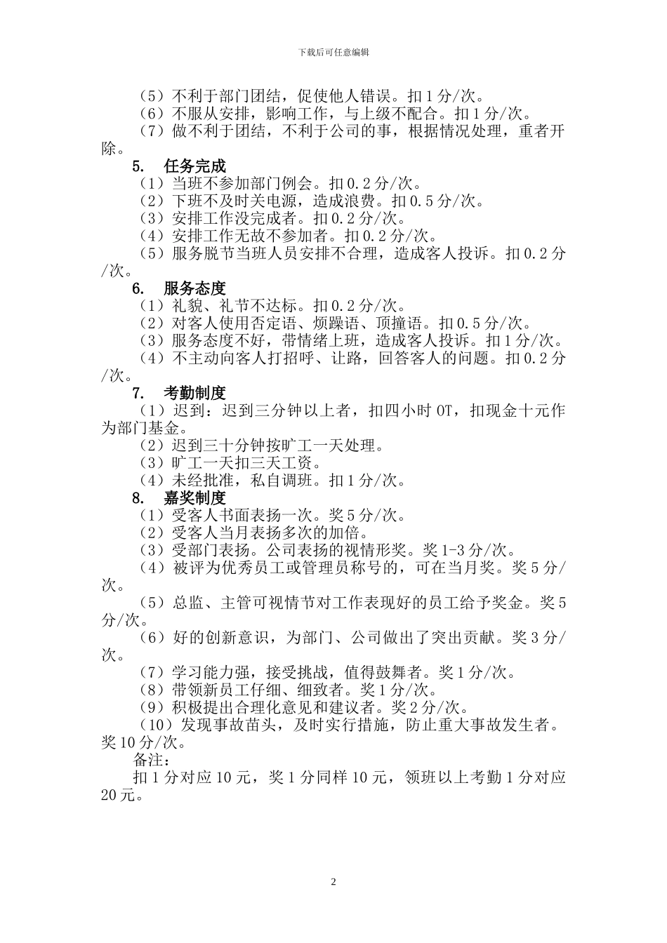 碧海阳光国际温泉中心餐饮部管理人员奖罚制度_第2页