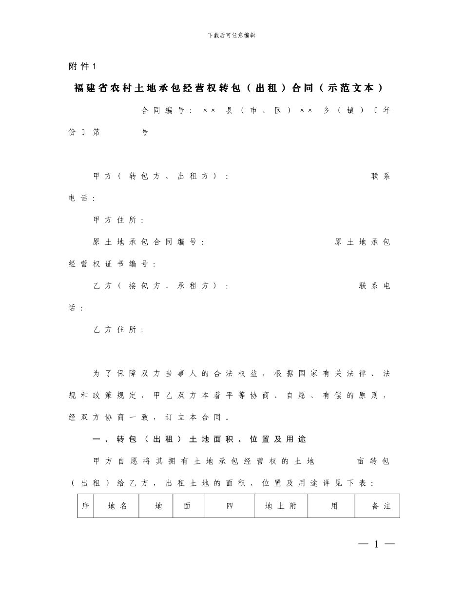 福建省农用土地流转合同范本_第1页