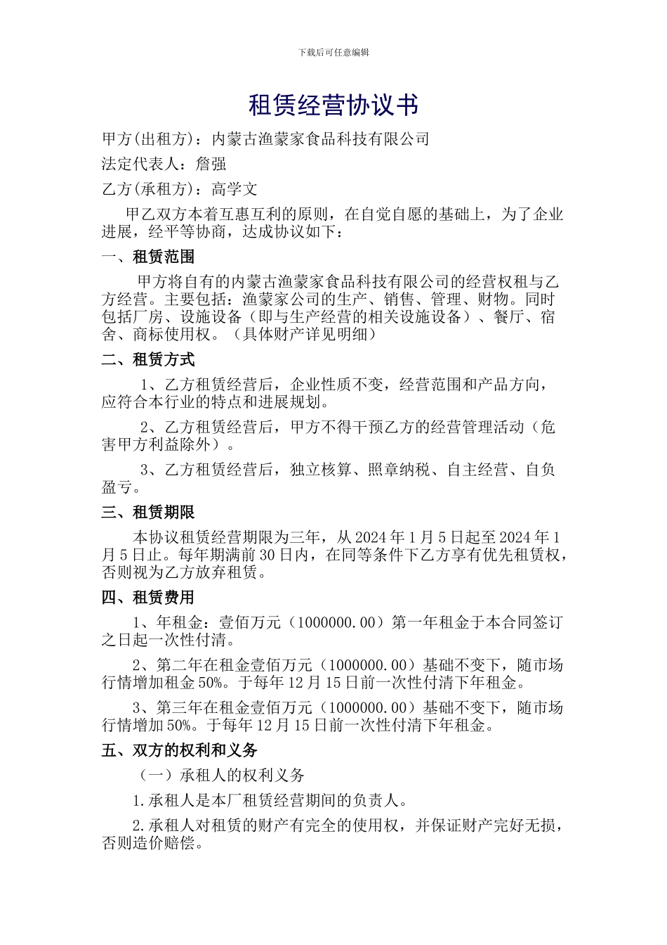 租赁经营协议书-詹强_第1页