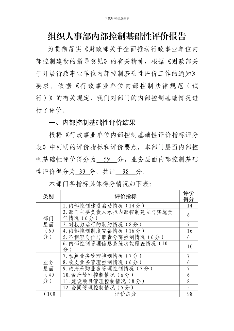 组织人事部内部控制建设报告_第1页