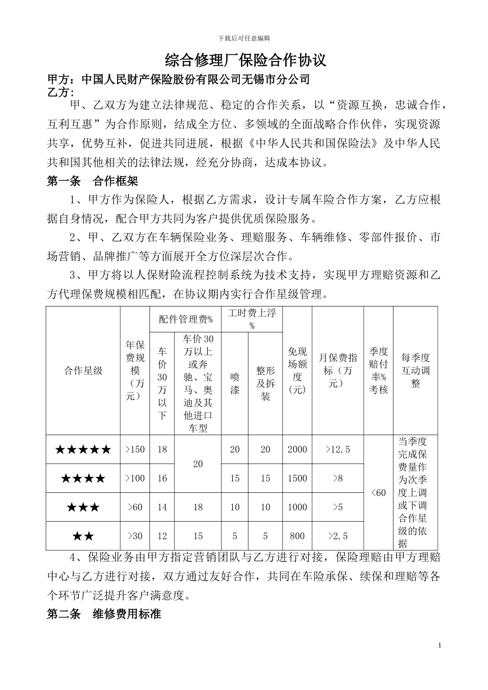 综合修理厂保险合作协议正式稿_第1页