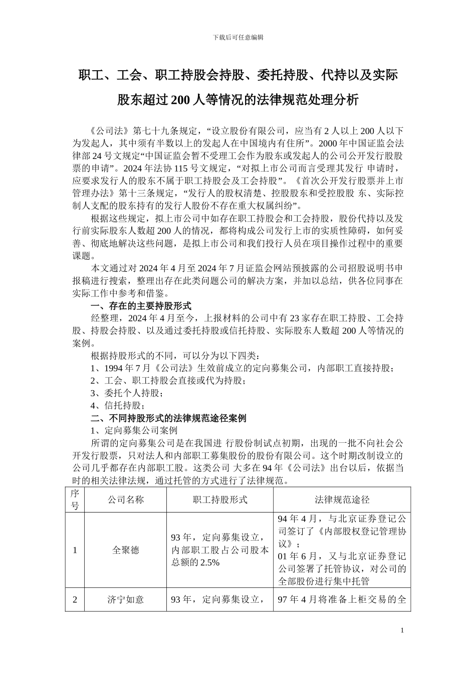 职工、工会、职工持股会持股、委托持股、代持以及实际股东超过200人等情况的规范处理分析_第1页