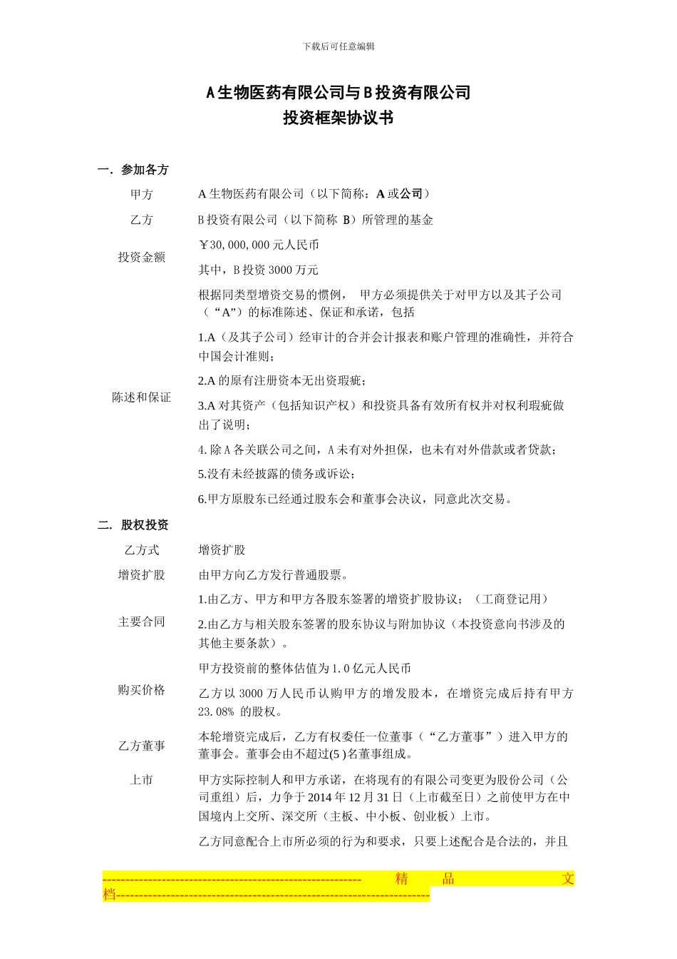 股权投资框架协议书案例_第1页