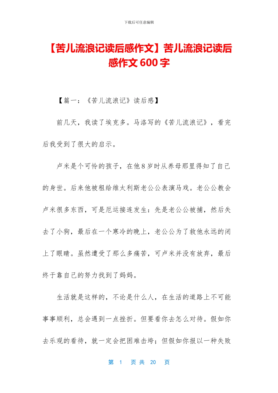 苦儿流浪记读后感作文600字(1)_第1页