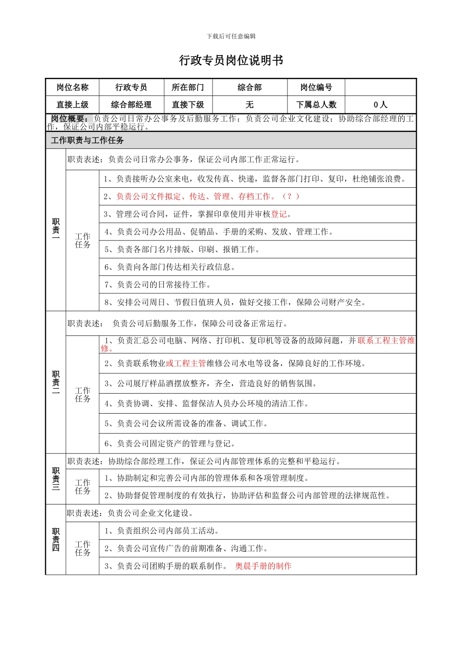行政专员岗位说明书范本_第1页