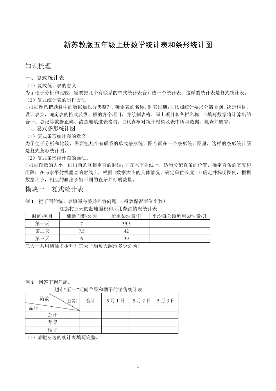 新苏教版五年级上册数学统计表和条形统计图_第1页