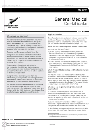 新西兰留学签证体检表INZ1007