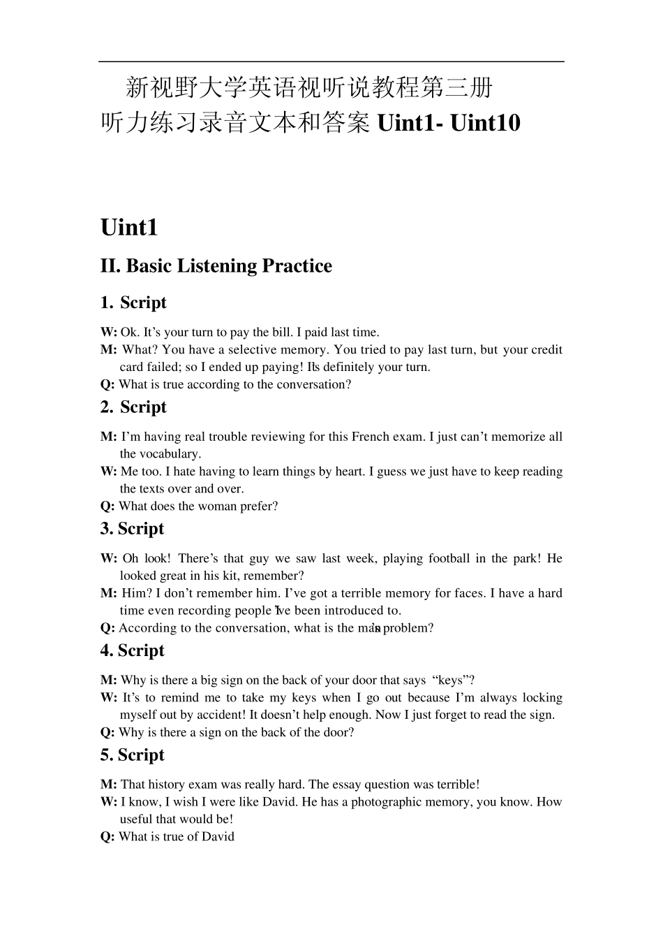 新视野大学英语视听说教程第3册答案(unit1unit10)免费_第1页