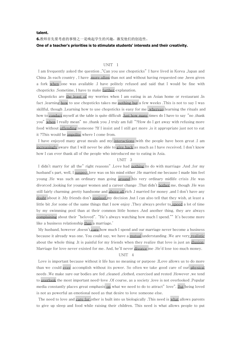 新视野英语2完形填空选词填空翻译原文加答案_第3页