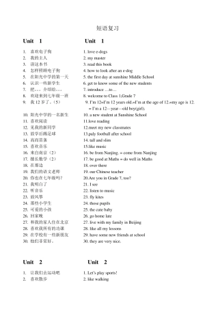 新译林版英语七年级上册重点短语复习