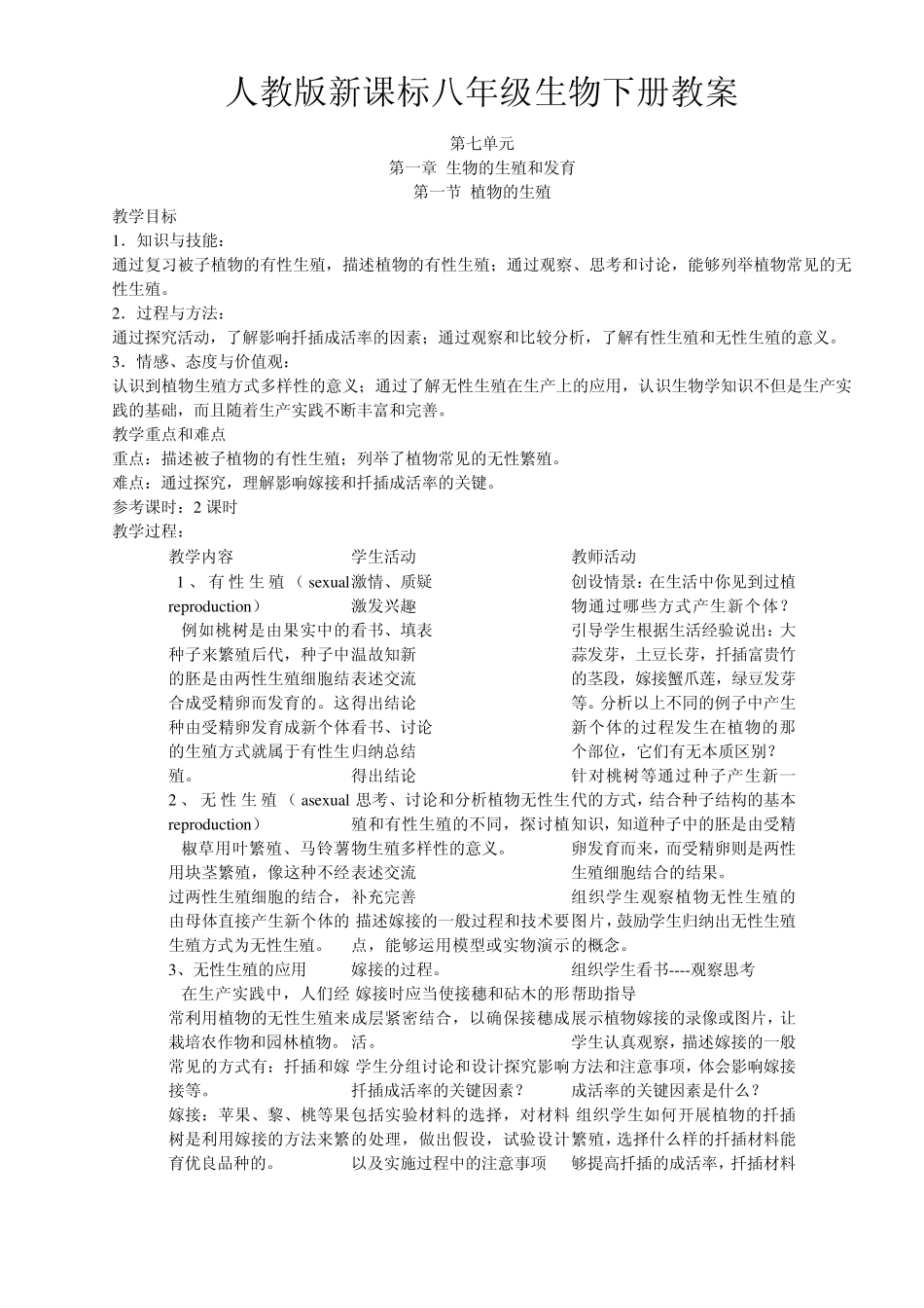 新课标人教版八年级生物下册全册教案_第1页